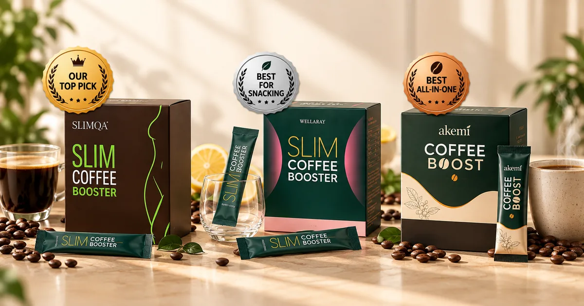 SlimQA, Wellaray und Akemi Slim Coffee Booster Schachteln mit Beuteln und einer Tasse Kaffee
